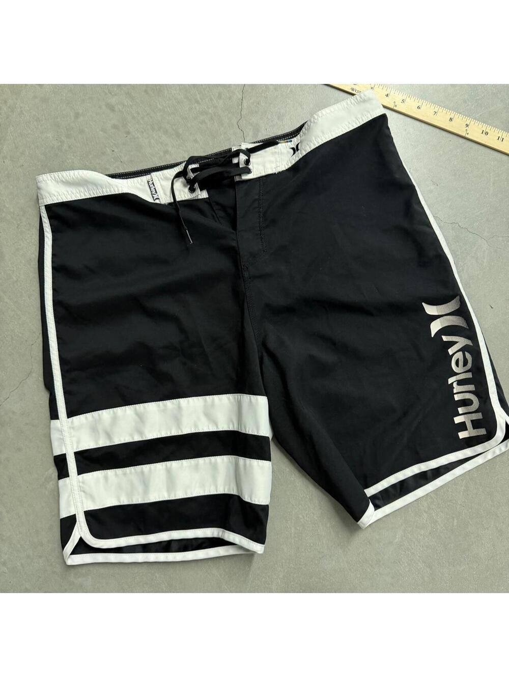 Y2K Men's Hurley Black and White Beach Bathing Suit Bottom Waist 38 Large